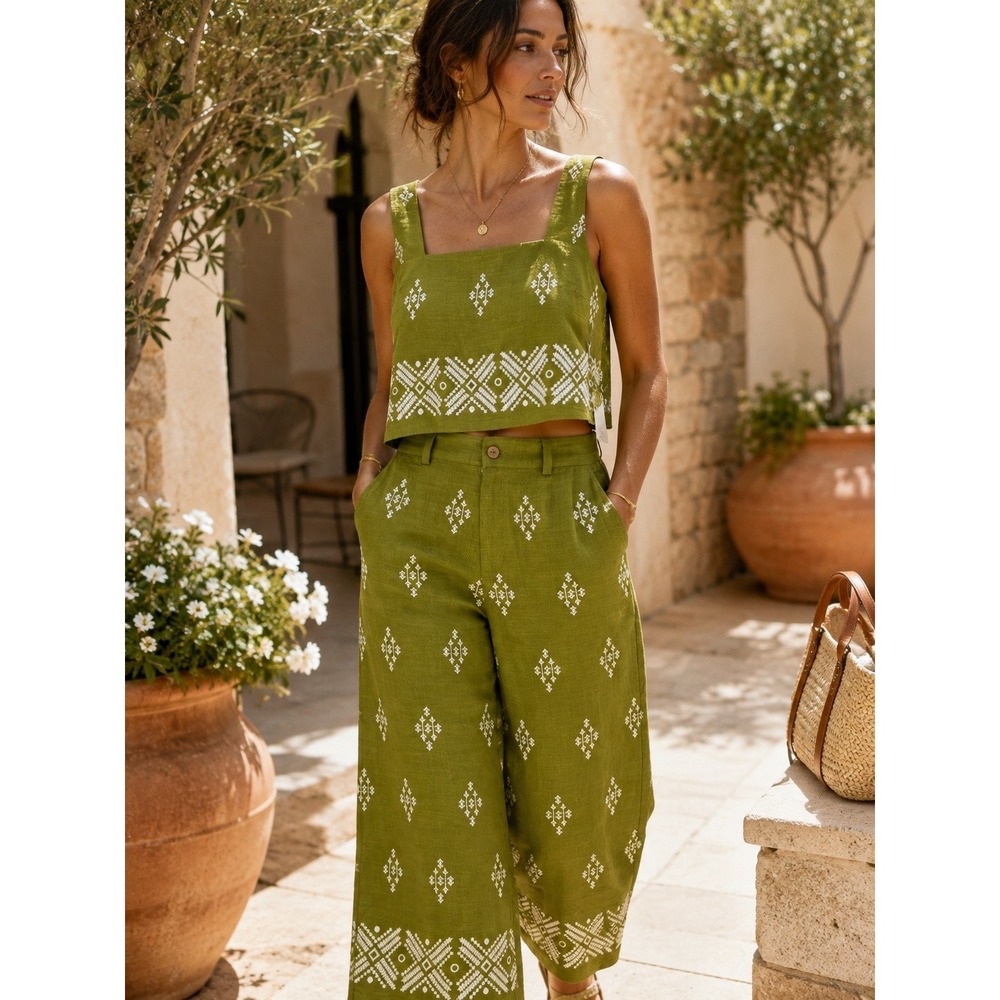 NWT Calypso St. Barth Linen Blend Embroidered Crop Top Pant Set Green M L